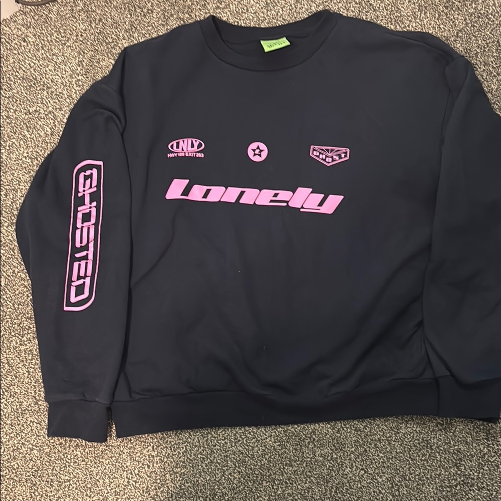 LONELY GHOST Navy Crewneck Sweater with Pink Graphics